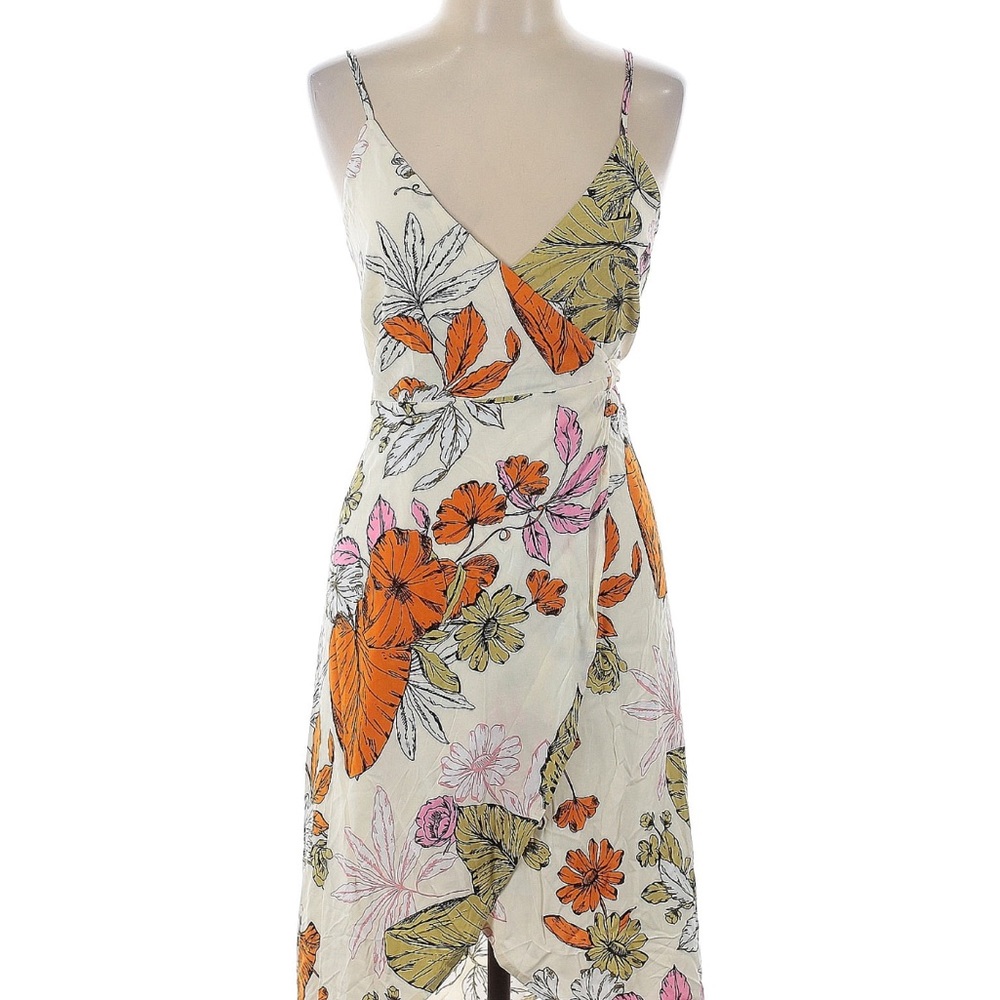 Floral Wrap Midi Dress in Cream with Orange & Pink Accents